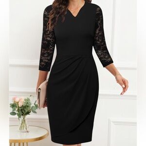 Women's Lace Vintage Elegant V Neck 3/4 Sleeves Sheath Pencil Dress XL